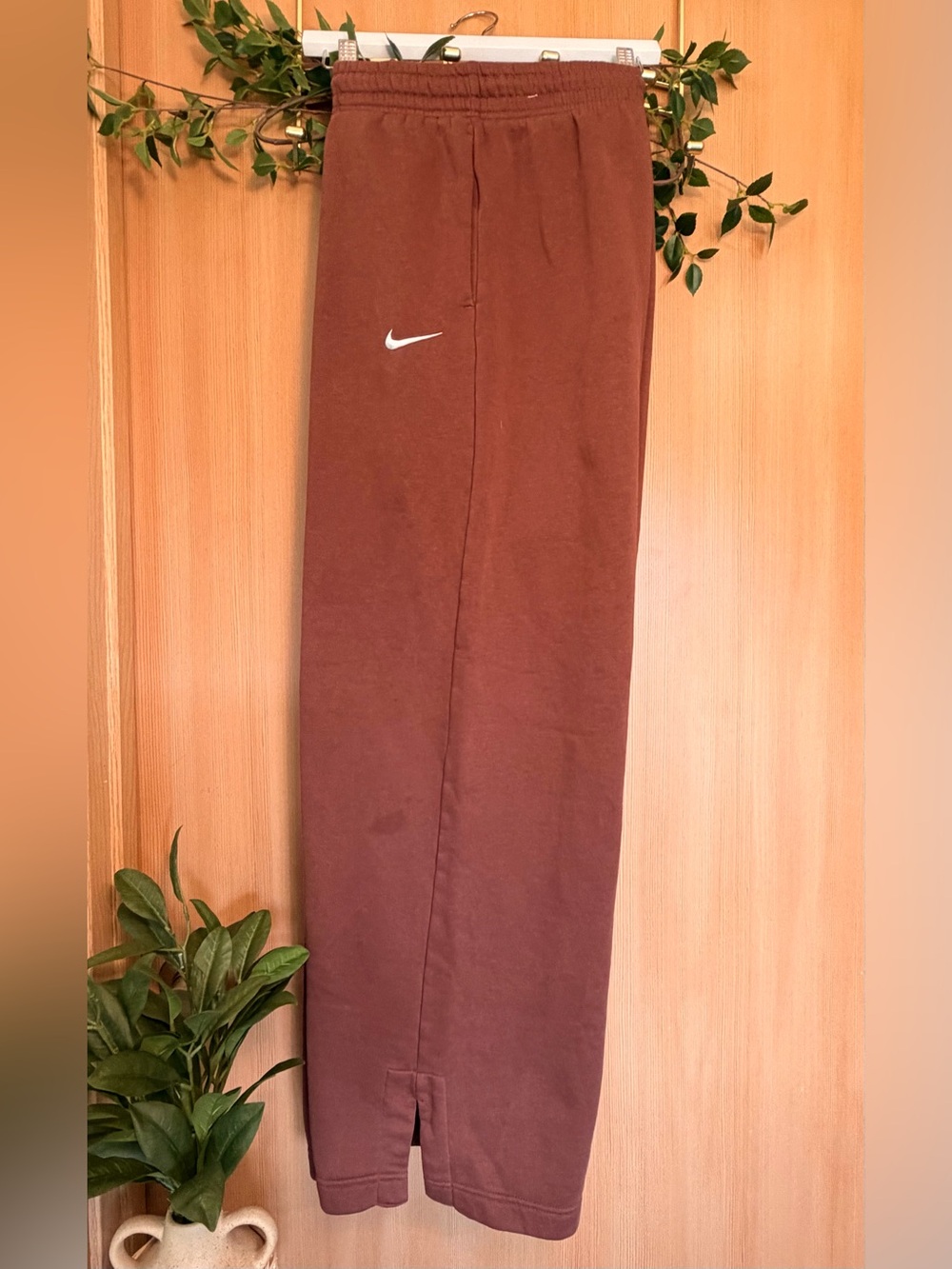 Nike Open Hem Fleece Sweatpants XL Brown Rust Side Slit Lounge Athleisure Pants